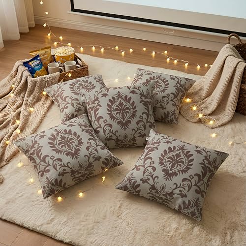 Image of Clasiko 16x16 Cushion Covers - Set of 5 Soft Cotton-Feel Decorative Pillow Covers | Classic Damask, Flap Closure, Perfect for Sofa & Living Room