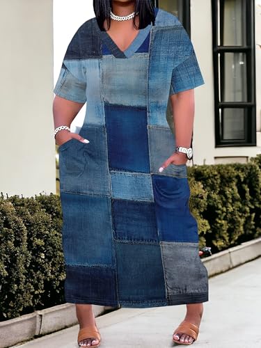 Image of Plus Size Maxi Dress for Women Short Sleeve V Neck Casual Loose Sundress with Pockets