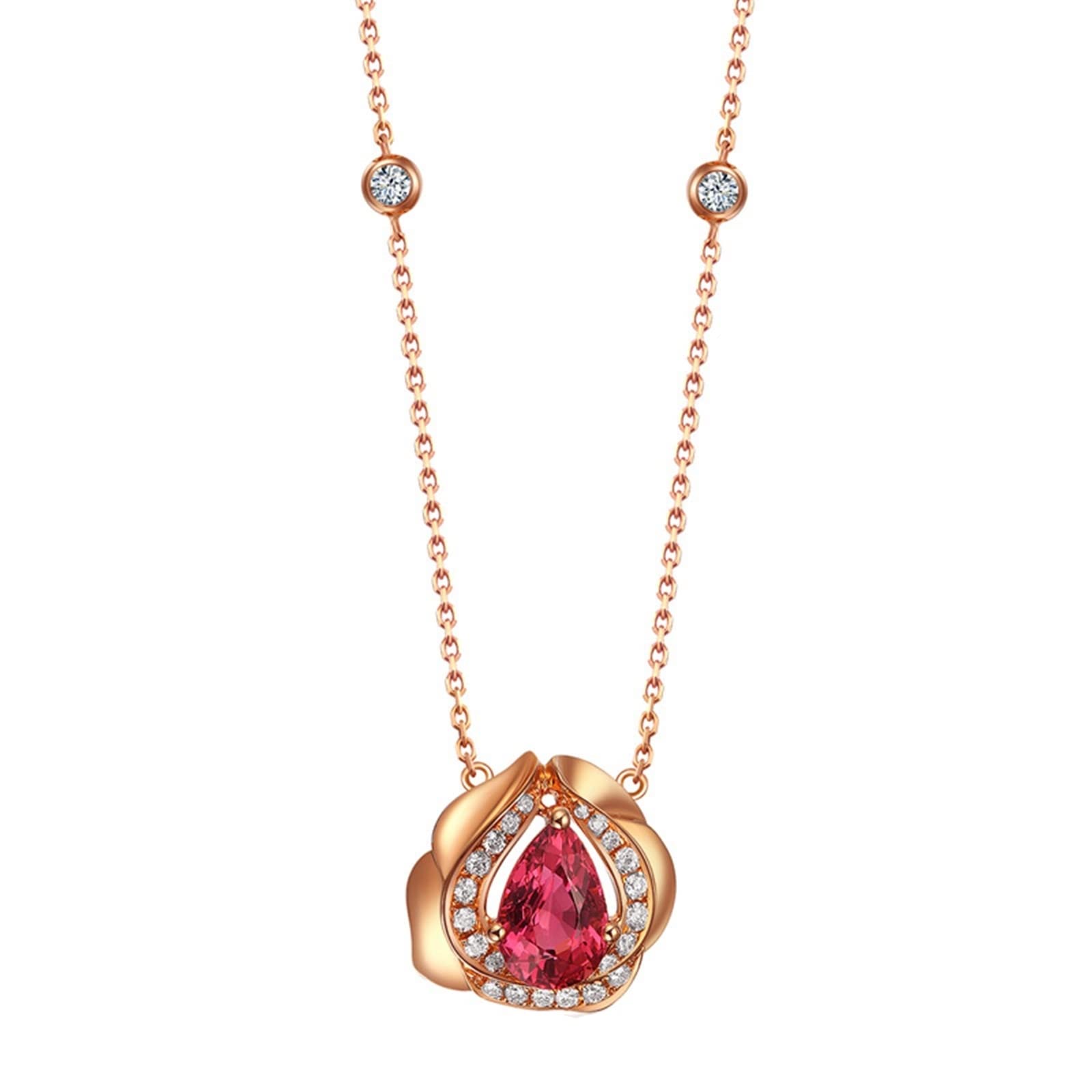 Ciondolo per Collana Oro Rosa, Collana per Fidanzati Donna con Tormalina 1 Carati e Diamante Sintetico, Gioielli con Pietra del Mese di Nascita