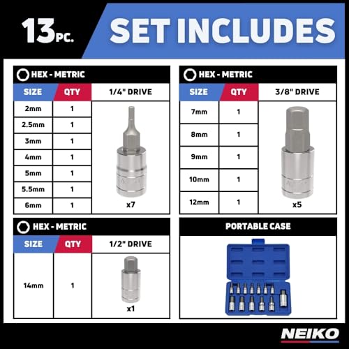 Image of NEIKO 10074A Metric Hex Bit Socket Set | 13-Piece Set | S2 and Cr-V Steel | 1 /4-Inch, 3 /8-Inch and 1 /2-Inch Drive | 2mm to 14mm