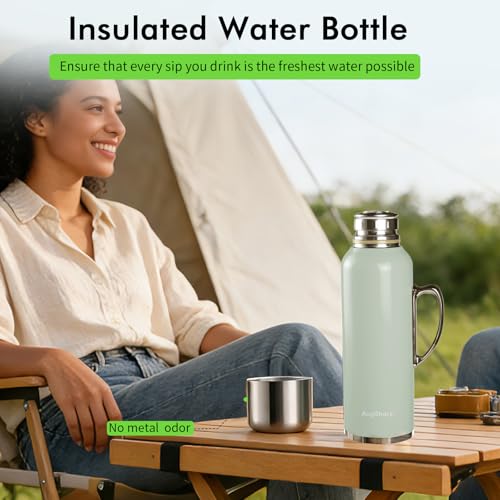 Image of 34 oz Insulated Water Bottle, Green Vacuum Stainless Steel Water Flask Jug with Handle & Metal Mechanical Temperature Measuring Cup Lid, Leakproof Travel Bottle Keep Cold 36h Hot 24h