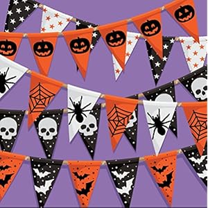 Jagmag® 1 Set Assorted Happy Halloween Pennant Bunting Banner, Scary Skull Pumpkin Stripe Triangle Flag Hanging…