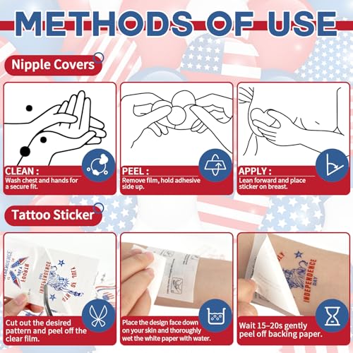 Image of Patriotic Nipple Covers Stickers with American Flag Design - Red White Blue Face Patriotic Tattoo & Heart Pasties, Patriotic Pasties - Adhesive for BBQ, Parade, Parties - Outfit Accessories