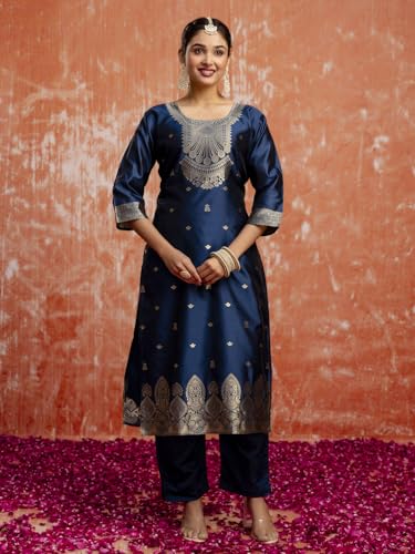 Image of VredeVogel Women's Cotton Silk Blend Zari Work Kurta Pant Set with Jacquard Silk Dupatta | Modern & Traditional Blend Ethnic Wear Set