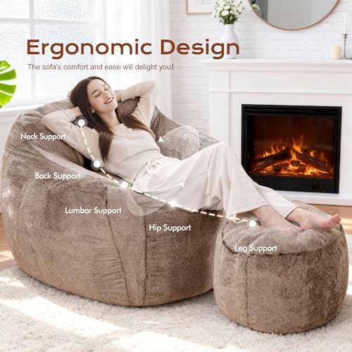 Image of Homguava Giant Bean Bag Chairs for Adults,Large Bean Bag Couch with Ottoman | Big Beanbag Chair with Memory Foam Filled,Oversized Bean Bag Sofa,Faux Fur Floor Sofa Chair for Bedroom Living Room-Khaki