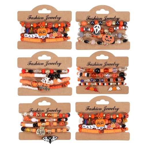 24 Pcs Halloween Bracelets Set,Halloween Multi Layered Bat Pumpkin Spider Bracelet Artificial Crystal Soft Ceramic Stackable Elastic Bracelet for Holiday Parties,Weddings,Dances,Vacations