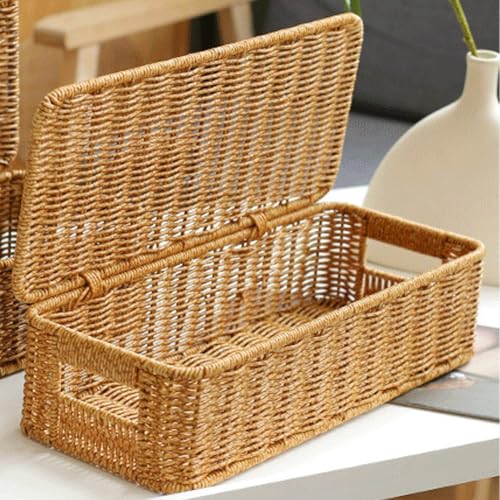 Panier de rangement en rotin avec couvercle pour ranger le bureau