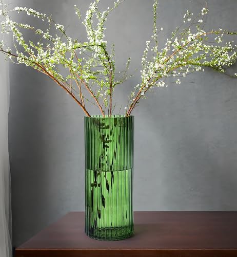 GeLive 12 inch Green Tall Glass Vase, Clear Cylinder Fluted Ribbed Vase Tabletop Centerpiece for Long Stem Branch Artificial Fresh Plant Home Indoor Decoration