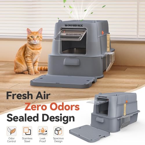 Image of Wooaidagg Enclosed Stainless Steel Cat Litter Box with Odor Control, Modular Design with Drawer and Flip Door, Easy to Clean and Wash,Non-Stick Interior,Extra Large Size Fits All Cats(Dark Grey)
