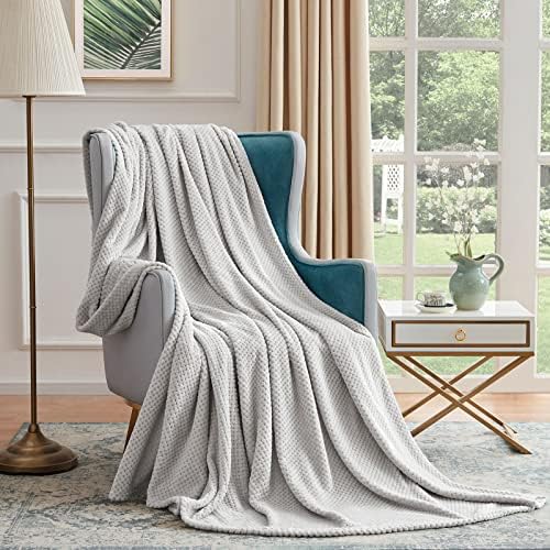 Lifewit Throw Blanket Queen Size Waffle Blanket for Couch Sofa Bed Outdoor Travel, Soft Fluffy Cozy Microfiber Fleece Blanket for All Season, Silver Grey, 220 x 240 cm