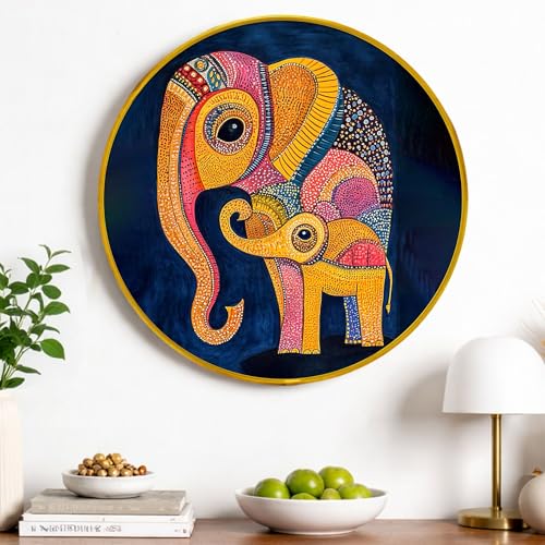 Image of Modern Abstract Elephant Gond Round Framed Wall Art Painting For Living Room | Indian Folk Vastu Elephant Wall Art Painting With Frame for Home, Bedroom & Office, 16 Inch