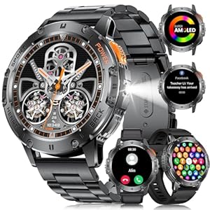 LIGE Military Smart Watch for Men with Flashlight,530mAH Outdoor Sport Fitness Tracker Watch,1.43″ HD Smartwatch for Android iOS with Heart Rate Blood Pressure Monitor Black 3 Straps