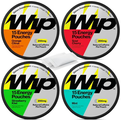 Image of Wip Energy Pouches | 200mg Natural Caffeine | Vitamins and Minerals | 4 Pack Assorted: Sour Cherry, Mint, Orange Citrus, Strawberry Kiwi