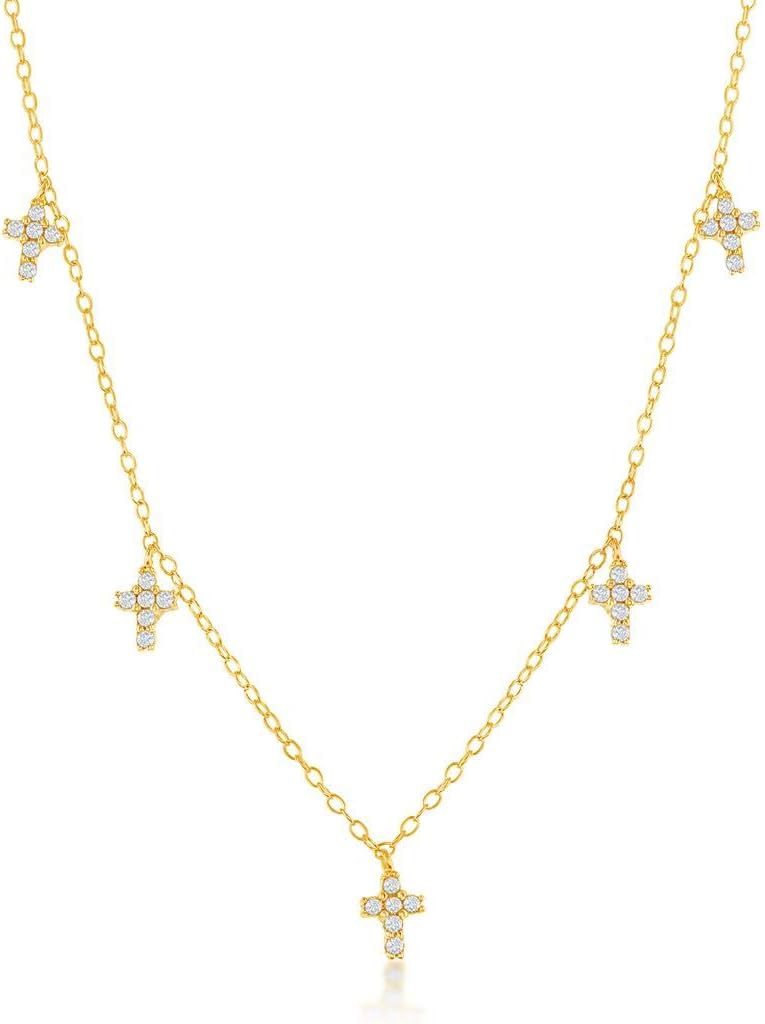 Simulated Diamond CZ Multi Dangling Cross 16+2” Charm Necklace 14k Gold Plated Sterling Silver Jewelry for Women