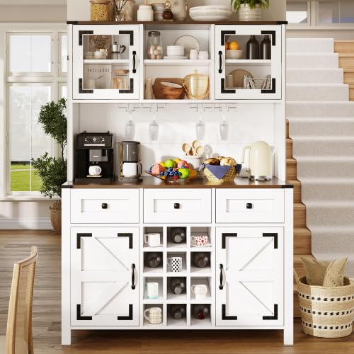 Merax Tall Kitchen Cabinet with 4 Doors & 3 Drawers, USB Ports & Power Outlets, LED Light Strip, Modern Storage Sideboard, Kitchen & Living Room Cabinet