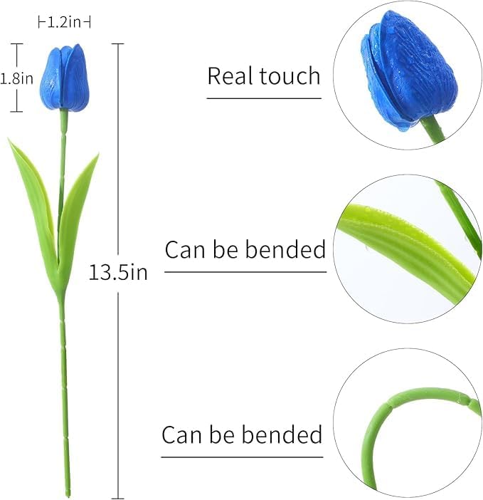 Image of Garden Art Artificial Tulip Flowers (Pack of 5) | Real Touch Silicone Single Stem Tulips for Home Decor, Living Room, Office, Vase & Wedding Decoration GAASTFB-1H-33Y (Blue)