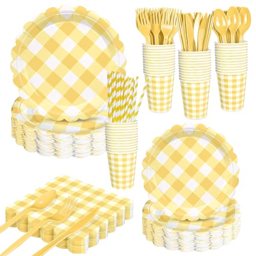 URbazaar 200 Pcs Disposable Paper Plates and Napkins,25 Guest Party Supplies Dinnerware Set Include Scalloped Plates Paper Napkin Cup Straw Plastic Spoon Fork Knive (Checkered Pattern-Yellow)