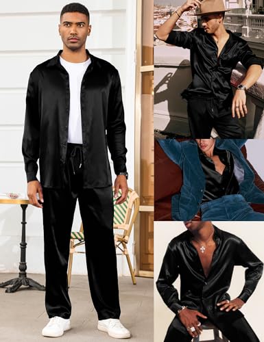 LecGee Men's Satin 2 Piece Outfits Lapel Long Sleeve Button Down Tops Jogger Pants Sets With Pocket Prom Club Party4