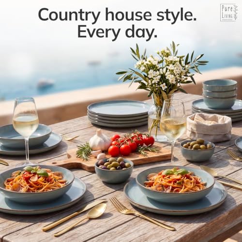 Image of 12 Piece Stoneware Dinnerware Set for 4, Handmade Plates and Bowls Set
