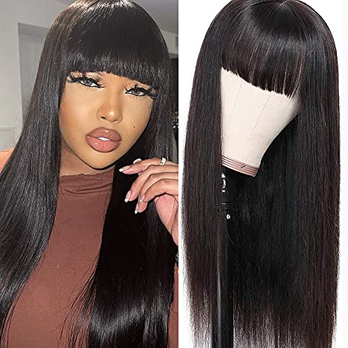 Xagujpo Hair Straight Human Hair Wigs with Bangs 130% Density Brazilian Virgin Straight None Lace Front Wigs Human Hair Glueless Machine Made Wigs for Black Women Natural Black (straight wigs, 20inch)