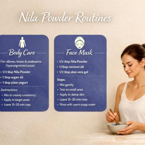 Image of Moroccan Nila Powder For Face - 100g (50g x 2) | 100% Natural Blue Powder for Skin Brightening, Tan Removal & Detox | For Face Mask & Body Care | Traditional Moroccan Hammam Beauty Treatment