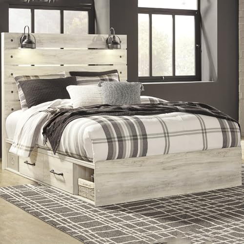 Image of Signature Design by Ashley Cambeck Queen Storage Bed Frame, Platform Bed with Drawers and No Box Spring Needed, Engineered Wood and Decorative Laminate for Master Bedrooms, Whitewash