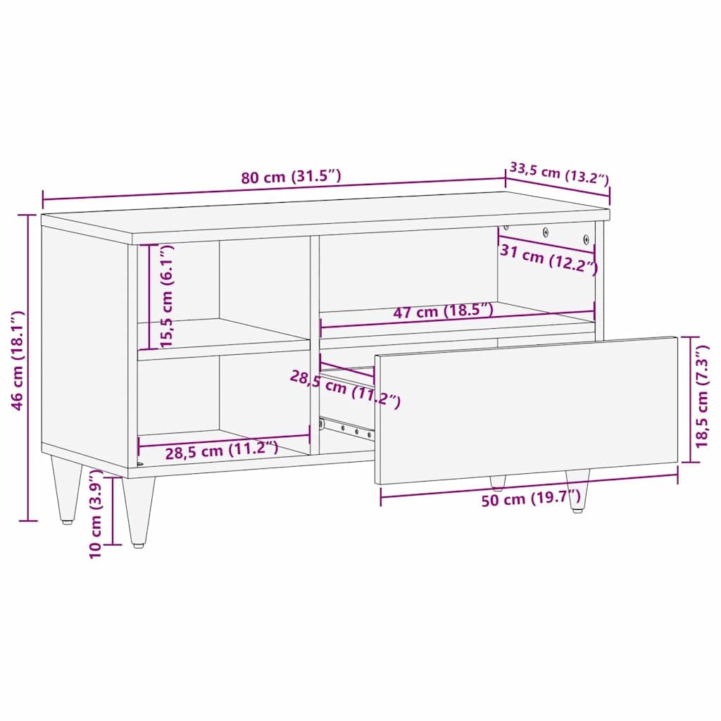 Mobile TV in legno massiccio di mango marrone, 80 x 33,5 x 46 cm, con ripiani e cassetto, credenza per soggiorno, mobile basso per CD e DVD, moderno mobile TV