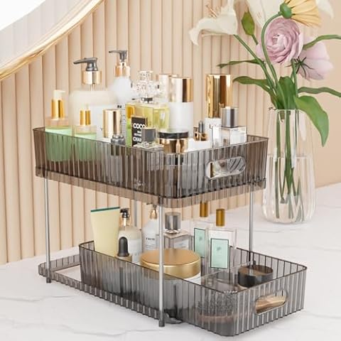 2 Tier Makeup Organizer Countertop Makeup Organizer for Vanity Large Capacity Cosmetic Display Case with Partition Board Makeup Holder Cosmetic Organizer Countertop (Grey) Cover