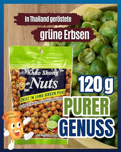 Khao Shong Chili 'n Lime Green Peas, grüne Erbsen mit Chili & Limette überzogen, knackiger Snack im fruchtig-scharfen Teigmantel, fettärmere Alternative zu Nüssen, 1 x 120 g Standbeutel