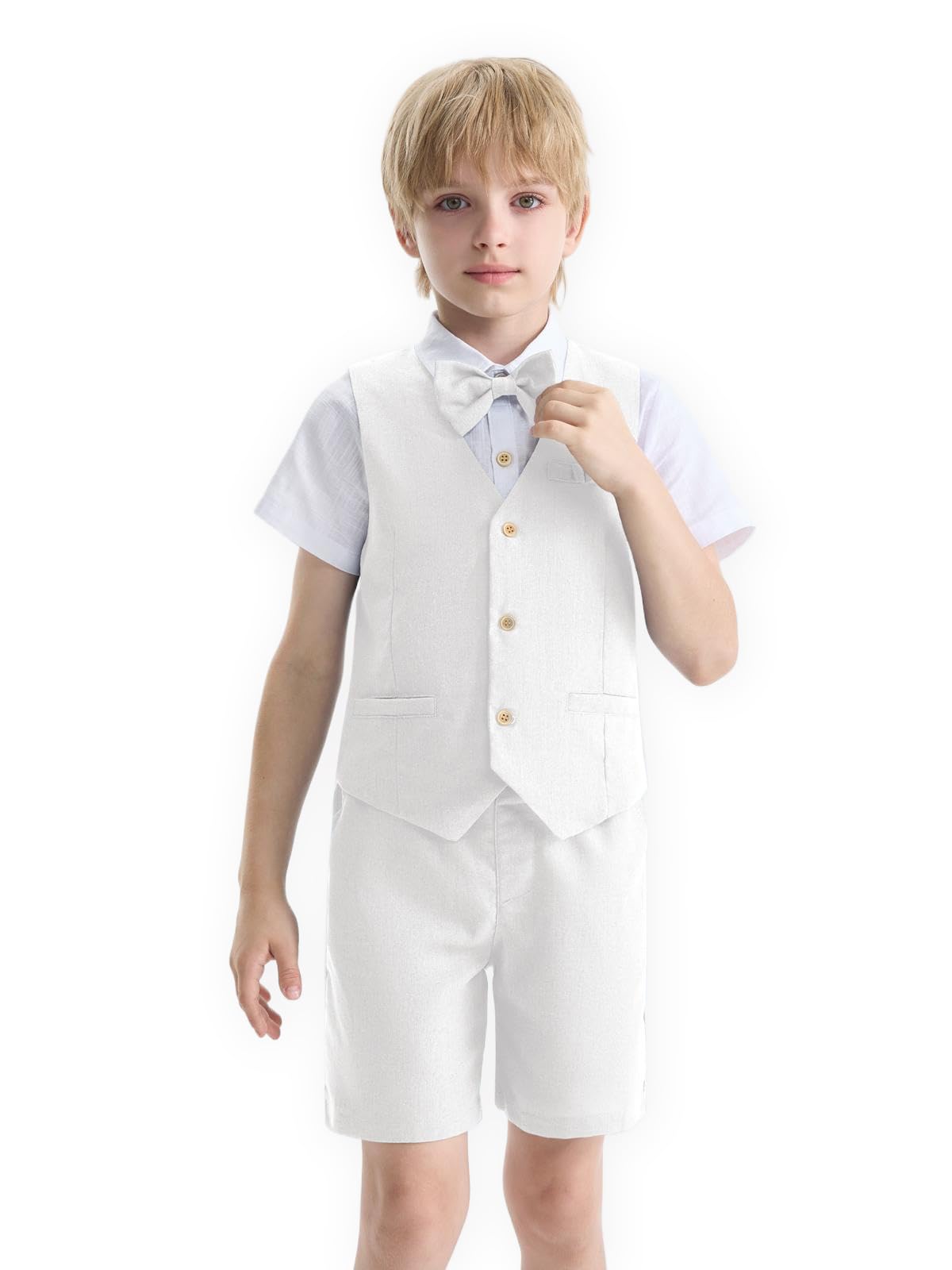 LOLANTA Traje de lino de 4 piezas para niños, traje de caballero de verano, chaleco de vestir, camisa, pantalones cortos, conjunto para playa, boda, graduación