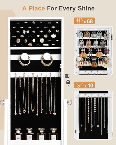 Nicetree Jewelry Cabinet with Full-Length Mirror, Standing Lockable Jewelry Armoire Mirror Organizer, 3 Angel Adjustable, Christmas Gifts, White