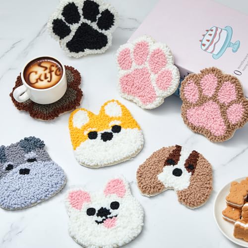 Image of Preboun 8 Pcs Puppy Punch Needle Coaster Kit, Dog Punch Needle Embroidery Kit for Adults Beginners, DIY Felting Set Supplies Tufted Coaster Including Yarns Hoop Tools Instruction