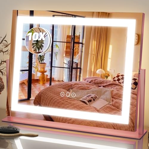 Image of FENNIO Vanity Mirror with Lights 22''x18'' Makeup Mirror with Lights,Lighted Makeup Mirror with 10X Magnification,Smart Touch Screen with 3-Color Lighting,Dimmable(Square Pink)