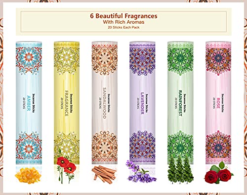 Incense Sticks, Scented Incense Sticks Gift Set with Holder, 6 x 20 Sticks, Lavender, Rose, Rain Forest, Sandalwood, Amber, Vanilla