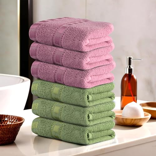 Image of Urbane Home Pack of 6 Cotton Hand /Face Towels for Men & Women | Easily Washable | Workout Gym Napkins for Men | Pocket Towel - Green & Pink