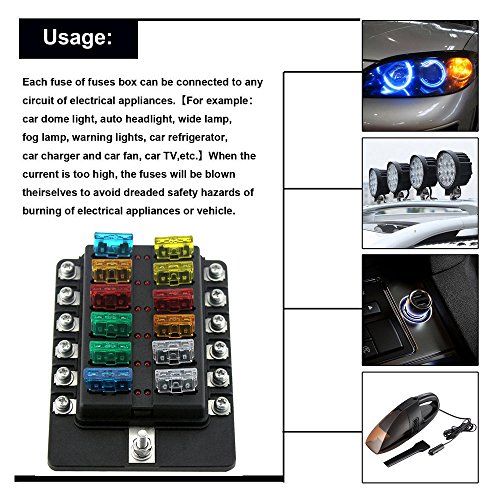 Yorten Blocos de fusíveis de suporte de caixa de fusíveis de 12 vias com LED vermelho Indicador 10 u