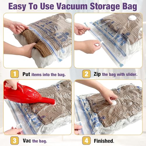 Image of HIBAG Vacuum Storage Bags, 10-Pack Vacuum Seal Bags for Clothing Clothes, Space Saver Bags (2 Jumbo, 2 Large, 2 Medium, 2 Small, 2 Roll-up) with Pump (10-Combo) | Various Size, Airtight Triple Seal, Save 80% Space, Hand Pump, Work with Vacuum, Double Zip, Reusable, Easy to Use
