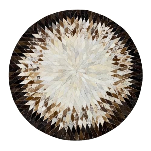 Handmade Cowhide Round Rug | Patchwork Leather Round Rug Hair on Leather Cowhide White & Brown Carpet Cowhide furniture (2X2 feet)
