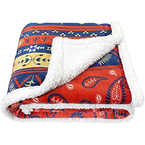 SOCHOW Bohemian Sherpa Fleece Throw Blanket, Fuzzy Warm Super Soft Reversible Boho Stripe Plush Blanket for Bed, Sofa and Couch, 127cm×150cm, Red Cover