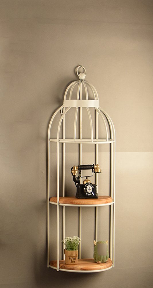 MQHY-Birdcage Flower Stand Wall Decoration Shelves Ornaments Retro Iron Art Home Crafts Essential Office Artwork Store Opening And Housewarming Gifts Decorative Frame,White