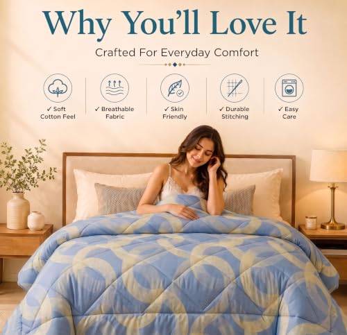 Image of HOMEKART 220 GSM Reversible Microfiber AC Comforter /Duvets for Mild Winter | All Season King Size 3 Layered Quilted Blanket for Double Bed (220 cm x 240 cm,Beige