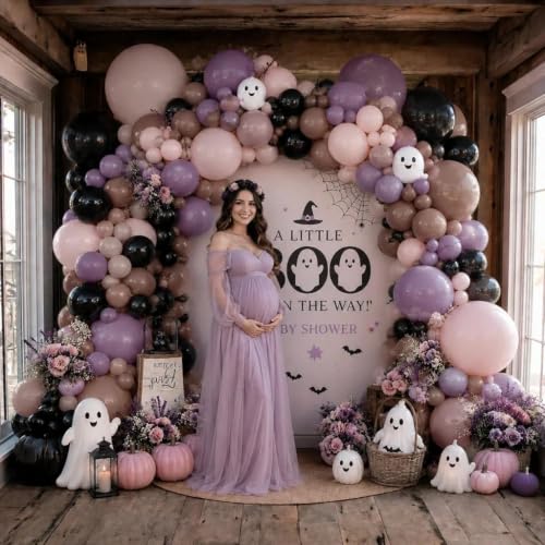 Image of Black Pink Balloon Arch Double Stuffed Dusty Rose Purple Brown Balloon