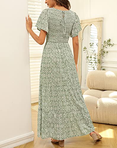 Image of Kranda Women 2025 Summer Fall Crewneck Short Sleeve Smocked Floral Maxi Dress