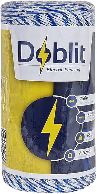 DOBLIT Poly Wire Electric Fencing Conductor Wire 6 Strand 9 Strand Multi-Colour Paddock Electric Fencing Cattle Sheep Horse Pets Crop Protection Pest Deterrent (Blue and White 6-Strand 250m)