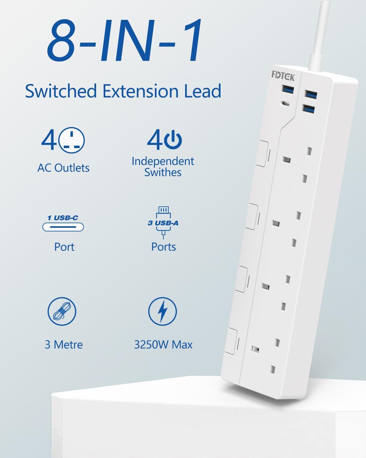Extension Lead 3M with USB Slots, FDTEK 4 Way Surge Protected Extension Socket with Individual Switches 4 USB Ports, Multi Plug Extension Mountable Power Strip with 3M cable for Home Office… 3 51Amjk8N8aL. AC SL1500
