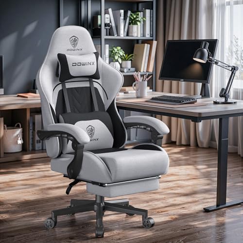 Image of Dowinx Gaming Chair Fabric Big and Tall with Pocket Spring Cushion, Massage Game Chair Cloth with Headrest, Ergonomic Computer Chair with Footrest 350LBS, Black Grey