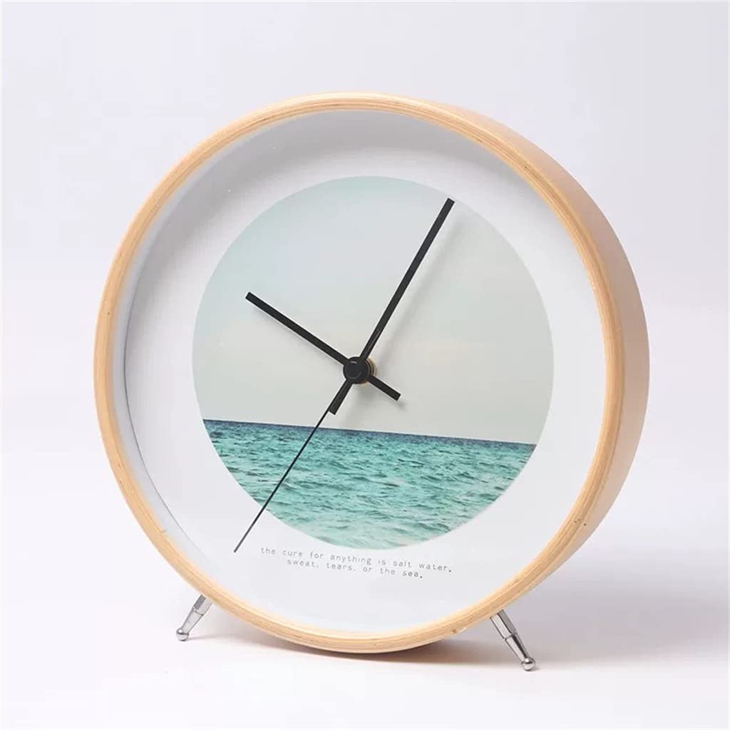 HRWLY Ocean Pattern Clock Minimalist Living Room Decoration Mute Desktop Solid Wood(A)