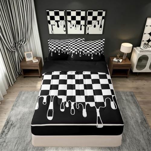 Image of Black and White Checkered Easy Wash Zipper Bedding Full,Checkerboard Drip Removable Cover Comforter Set with Deep Pocket Fitted Sheet,Y2K Aesthetic Geometric Soft Breathable Bed in a Bag for Dorm
