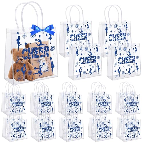 Aodaer 24 Pack Cheer Clear Treat Bags with Handles and 1 Roll Ribbon PVC Gift Bags Cheerleader Goodie Treat Candy Bag for Cheer Team Present Wrap Tote Bags Bulk Cheerleader Party Supplies Blue