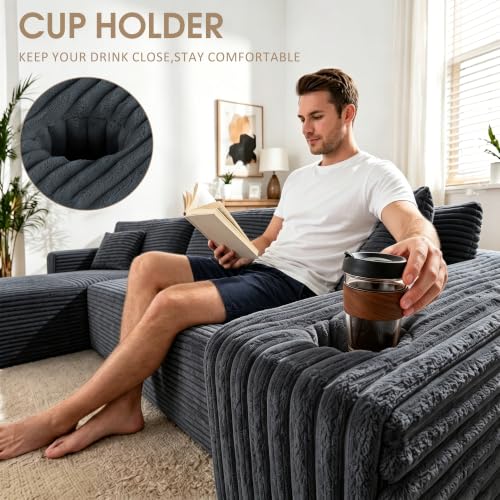 Image of 103 inch Modular Boneless Couches,Sectional Sofa for Living Room with 2 Cup Holders,Memory Foam Cloud Couch with L Shaped Oversized Chaise,No Assembly Needed Plush Corduroy Sofa,Dark Gray